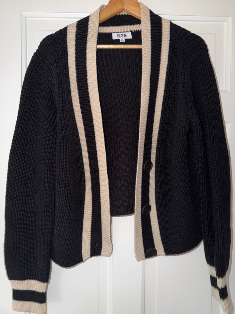 525 America Black and Cream Striped Trim Ribbed Cardigan